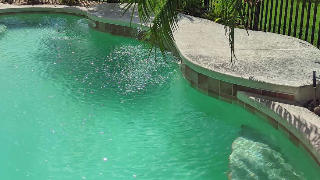 outdoor pool with curved shape contains light turquoise color water