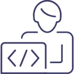icon depicting person with laptop showing programming code