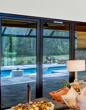 Japandi House view of pool area from inside living room area