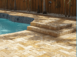 poolside deck with brick pavers