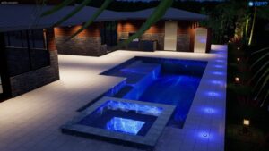 computer rendering of pool installation behind modern home during evening hours with lighting inside the pool and spa, and around the perimeter.